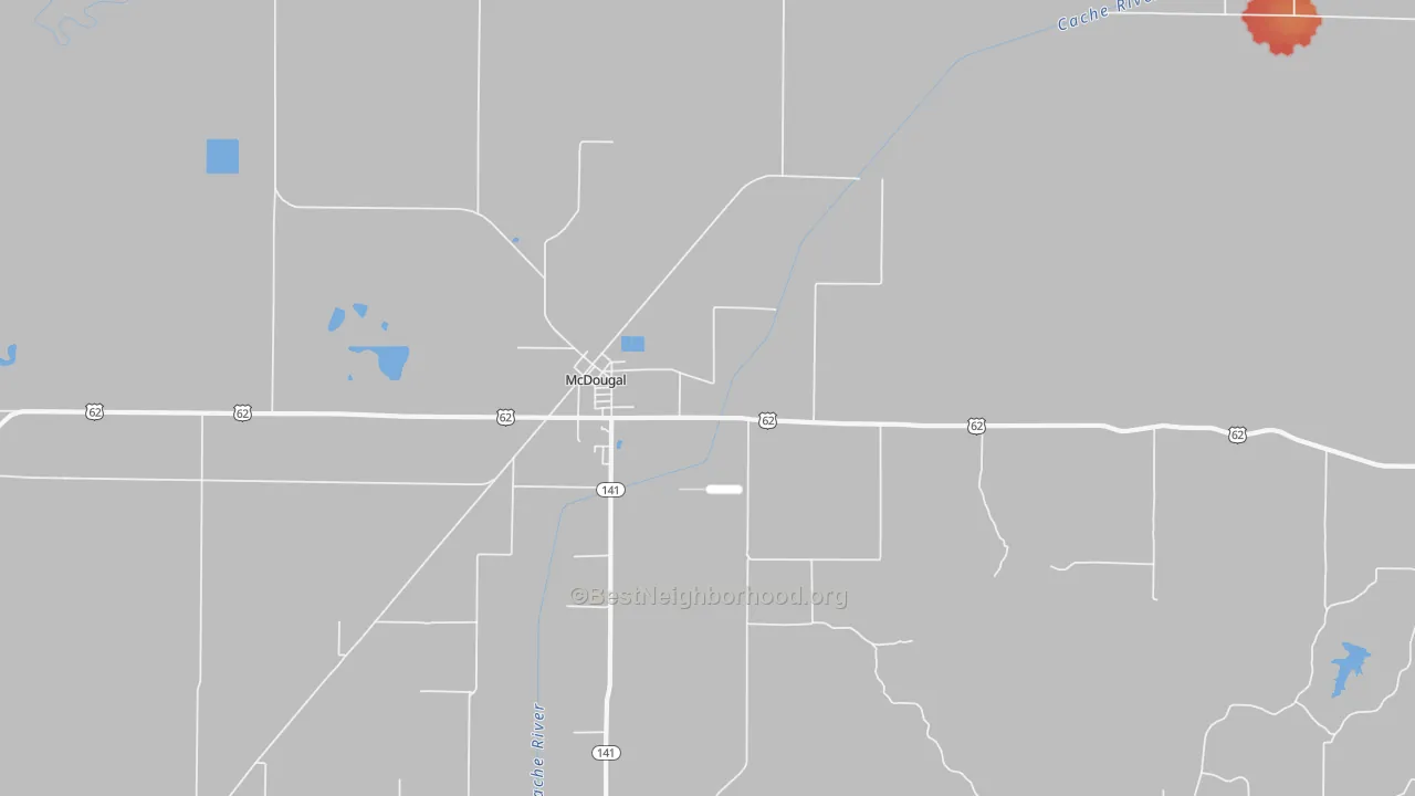 Walk Grade map of McDougal, AR, walkable areas in green and car-dependent areas in red