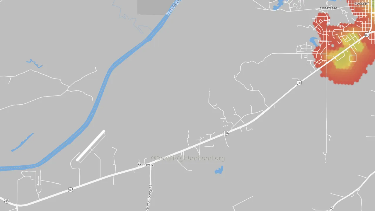 Walk Grade map of McDowell, AL, walkable areas in green and car-dependent areas in red
