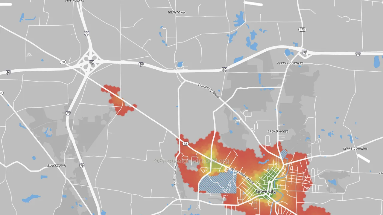 Walk Grade map of McDowell Corners, PA, walkable areas in green and car-dependent areas in red