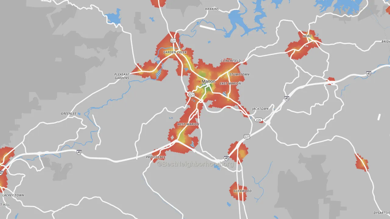 Walk Grade map of McDowell County, NC, walkable areas in green and car-dependent areas in red