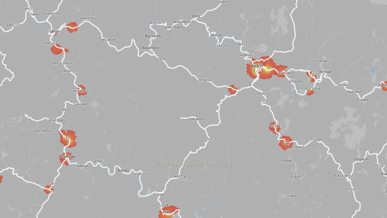 Walk Grade map of McDowell County, WV, walkable areas in green and car-dependent areas in red