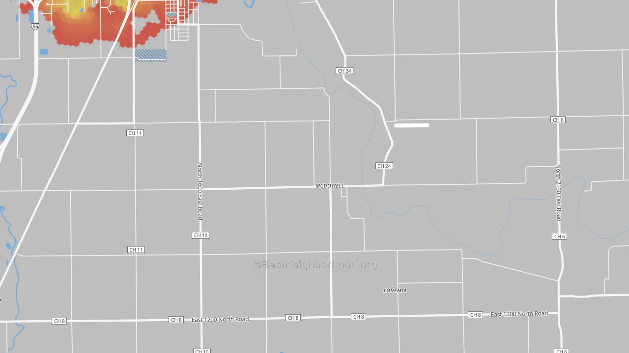 Walk Grade map of McDowell, IL, walkable areas in green and car-dependent areas in red