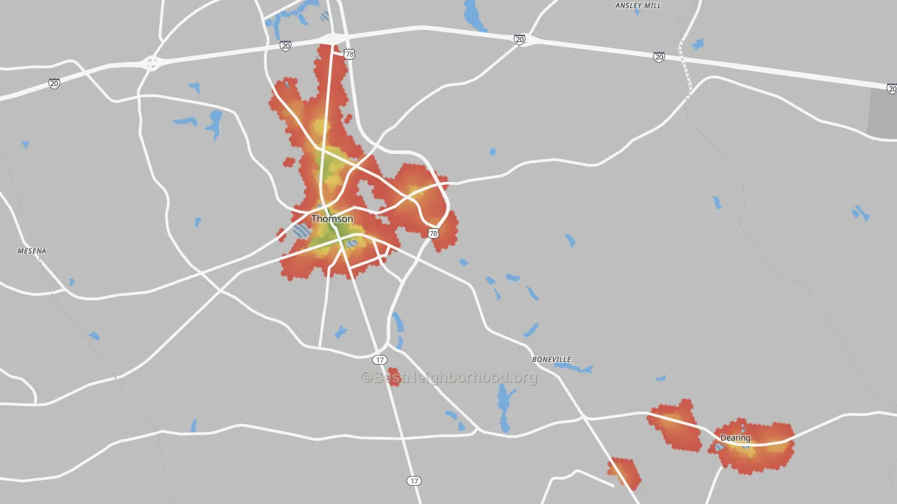 Walk Grade map of McDuffie County, GA, walkable areas in green and car-dependent areas in red