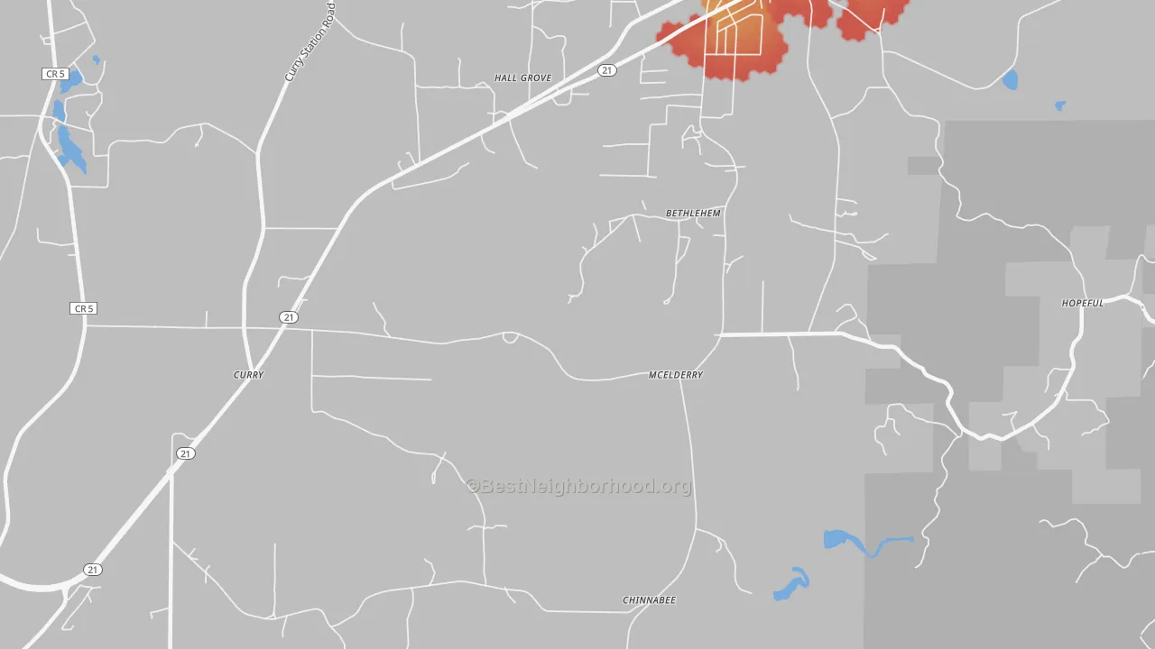 Walk Grade map of McElderry, AL, walkable areas in green and car-dependent areas in red