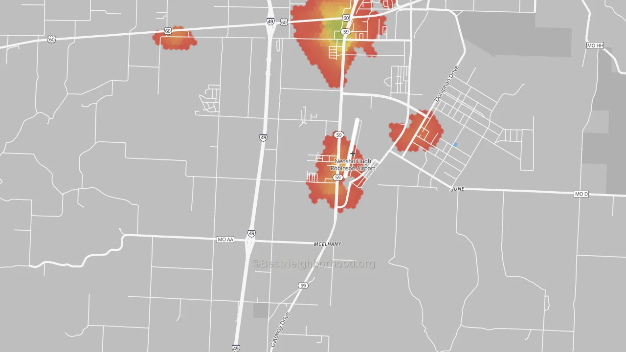 Walk Grade map of McElhany, MO, walkable areas in green and car-dependent areas in red