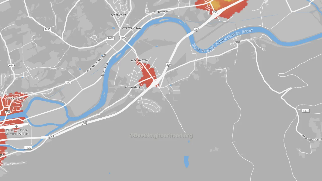 Walk Grade map of McElhattan, PA, walkable areas in green and car-dependent areas in red