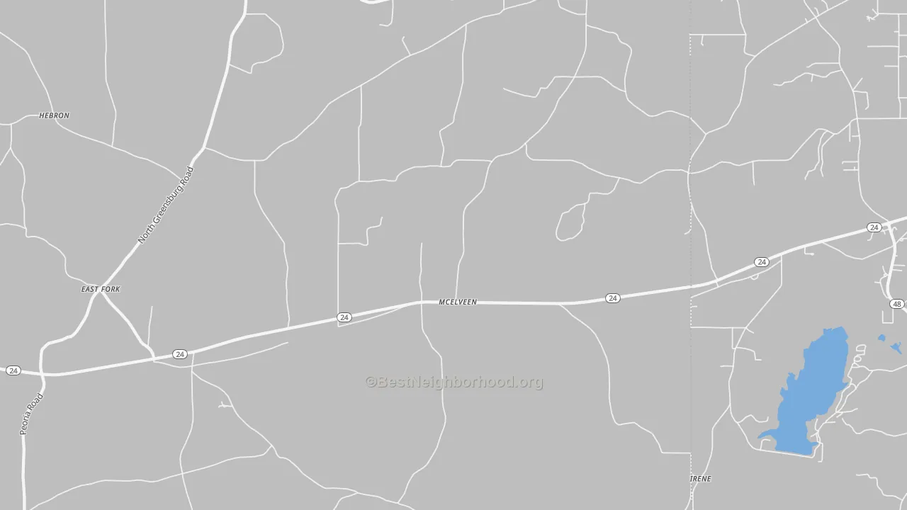 Walk Grade map of McElveen, MS, walkable areas in green and car-dependent areas in red