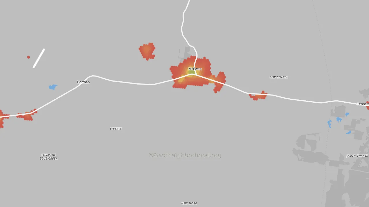 Walk Grade map of McEwen, TN, walkable areas in green and car-dependent areas in red