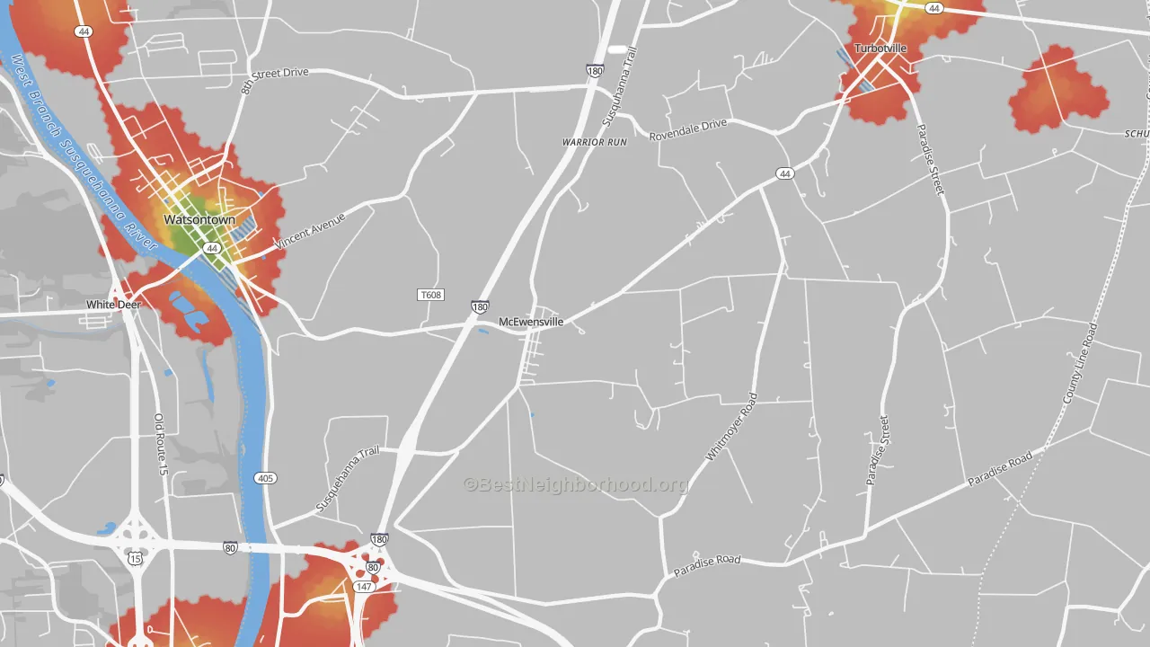 Walk Grade map of McEwensville, PA, walkable areas in green and car-dependent areas in red