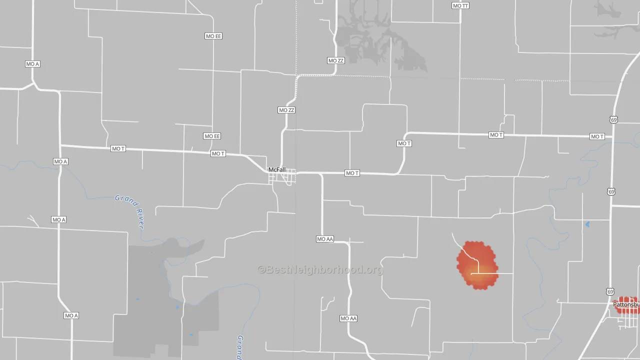 Walk Grade map of McFall, MO, walkable areas in green and car-dependent areas in red
