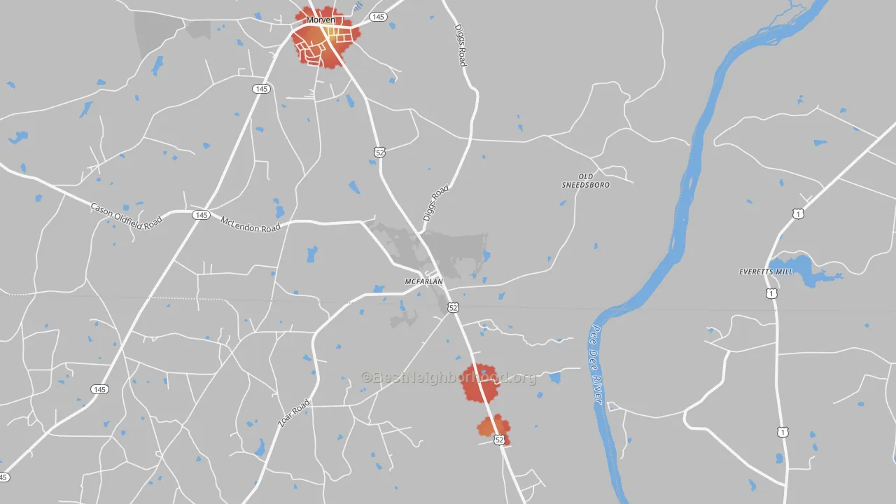 Walk Grade map of McFarlan, NC, walkable areas in green and car-dependent areas in red