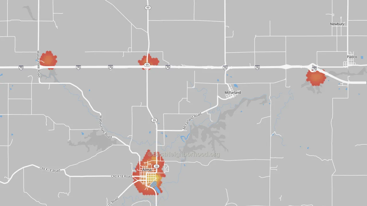 Walk Grade map of McFarland, KS, walkable areas in green and car-dependent areas in red