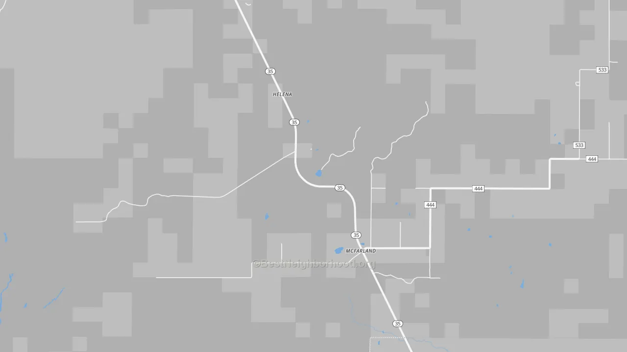 Walk Grade map of McFarland, MI, walkable areas in green and car-dependent areas in red