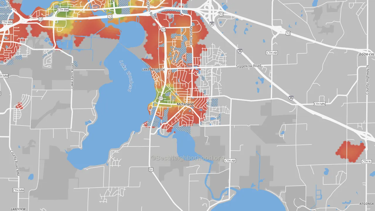 Walk Grade map of McFarland, WI, walkable areas in green and car-dependent areas in red