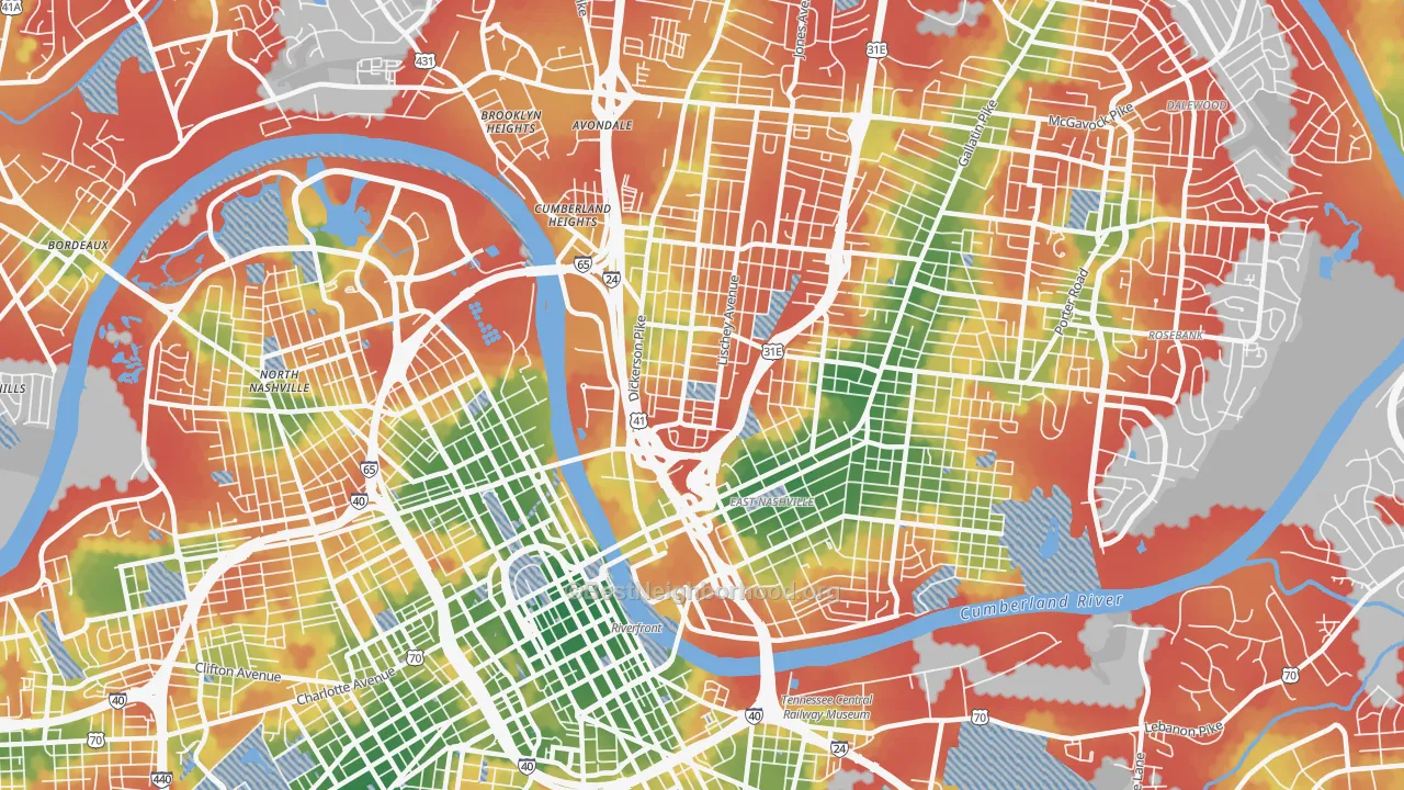 Walk Grade map of McFerrin Park, Nashville, TN, walkable areas in green and car-dependent areas in red