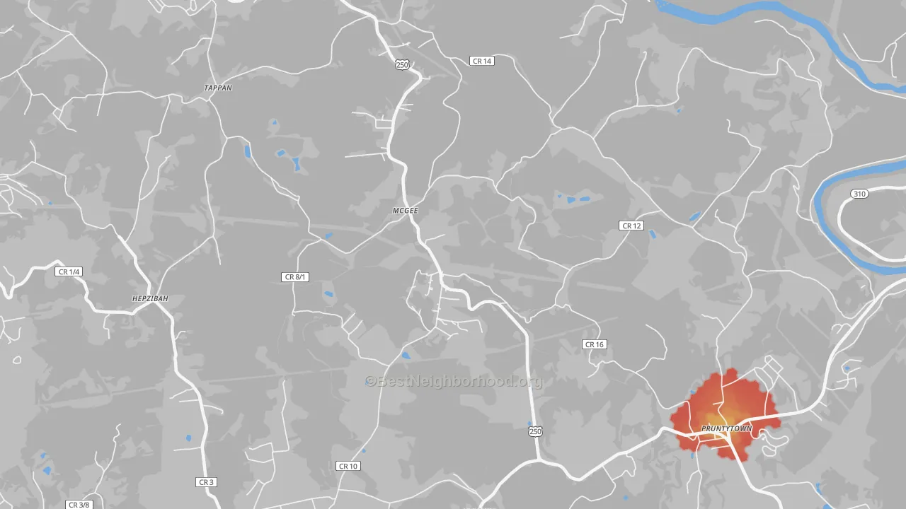 Walk Grade map of McGee, WV, walkable areas in green and car-dependent areas in red