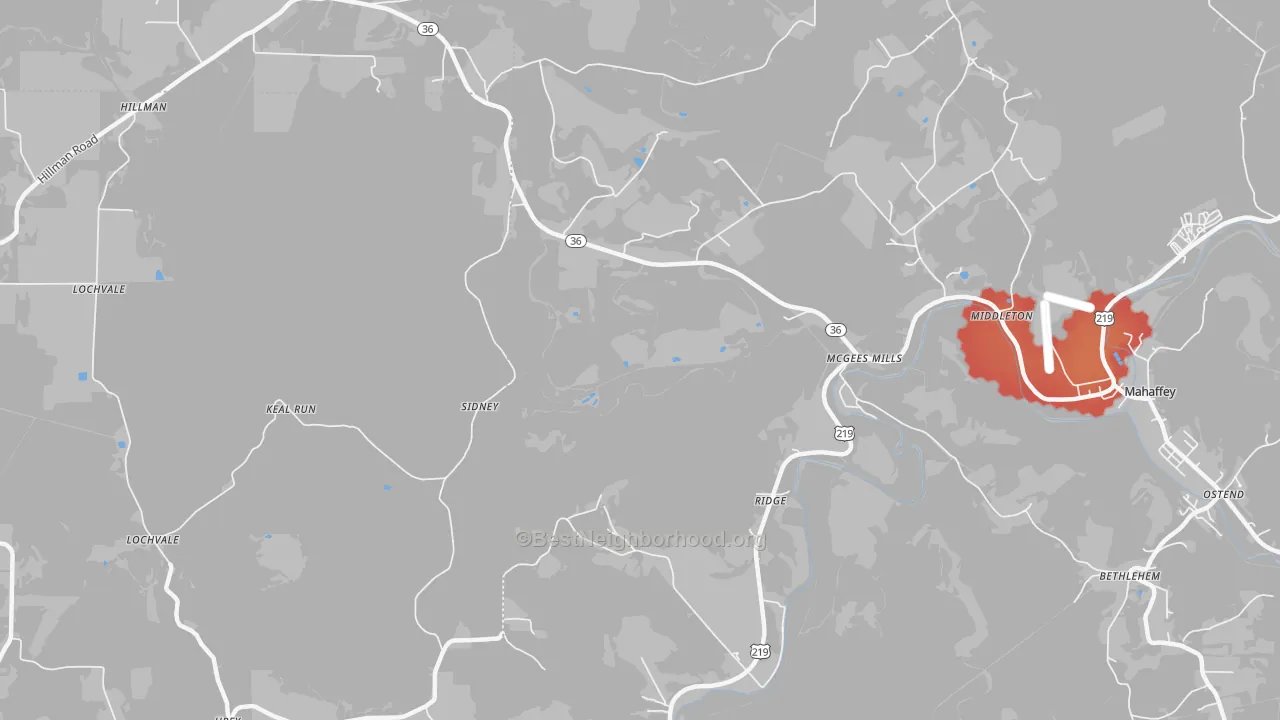 Walk Grade map of McGees Mills, PA, walkable areas in green and car-dependent areas in red
