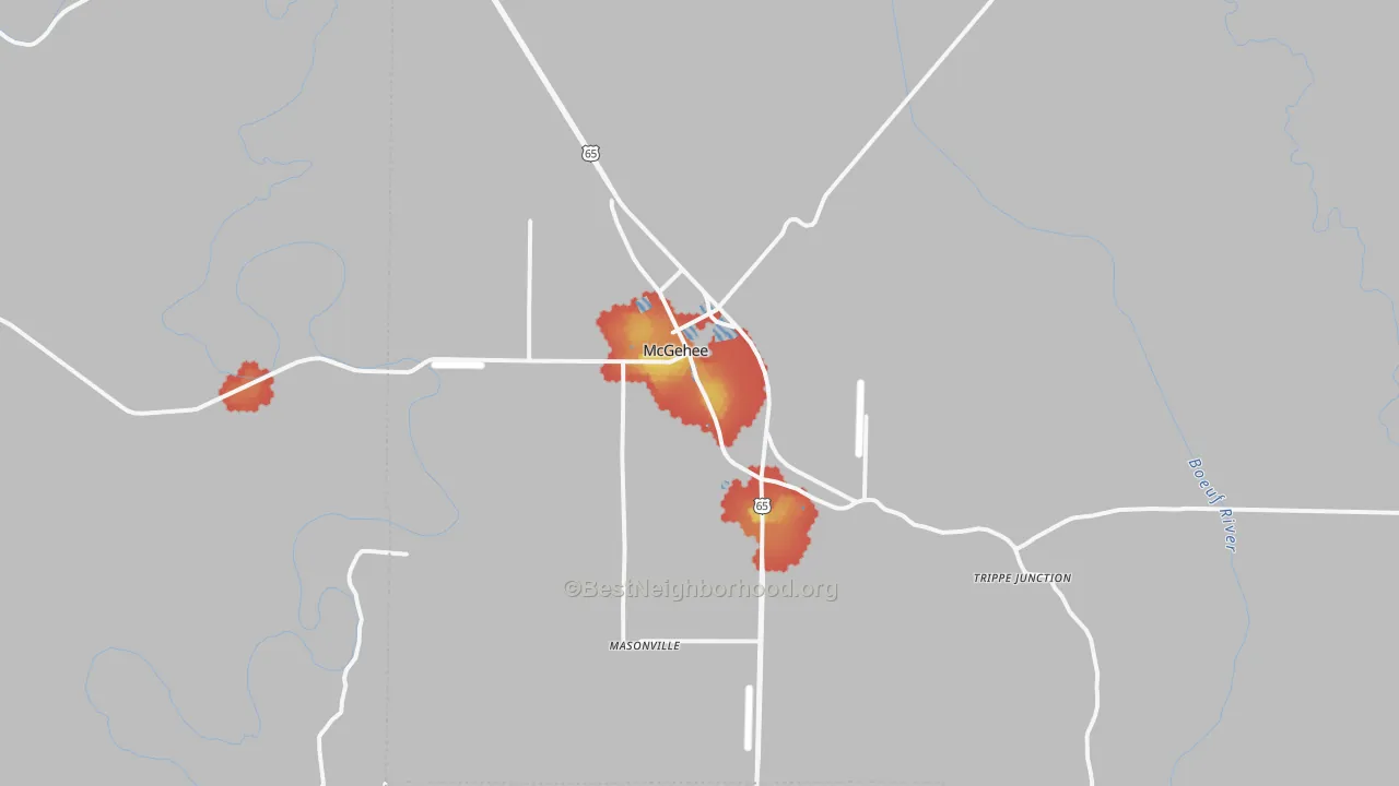 Walk Grade map of McGehee, AR, walkable areas in green and car-dependent areas in red