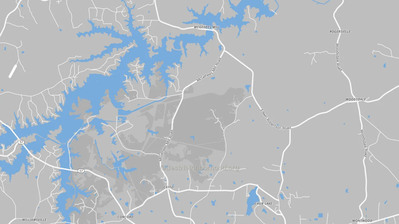 Walk Grade map of McGehees Mill, NC, walkable areas in green and car-dependent areas in red