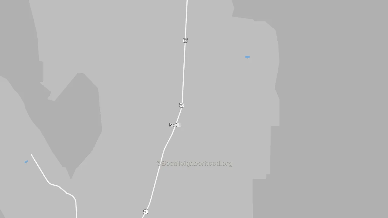 Walk Grade map of McGill, NV, walkable areas in green and car-dependent areas in red