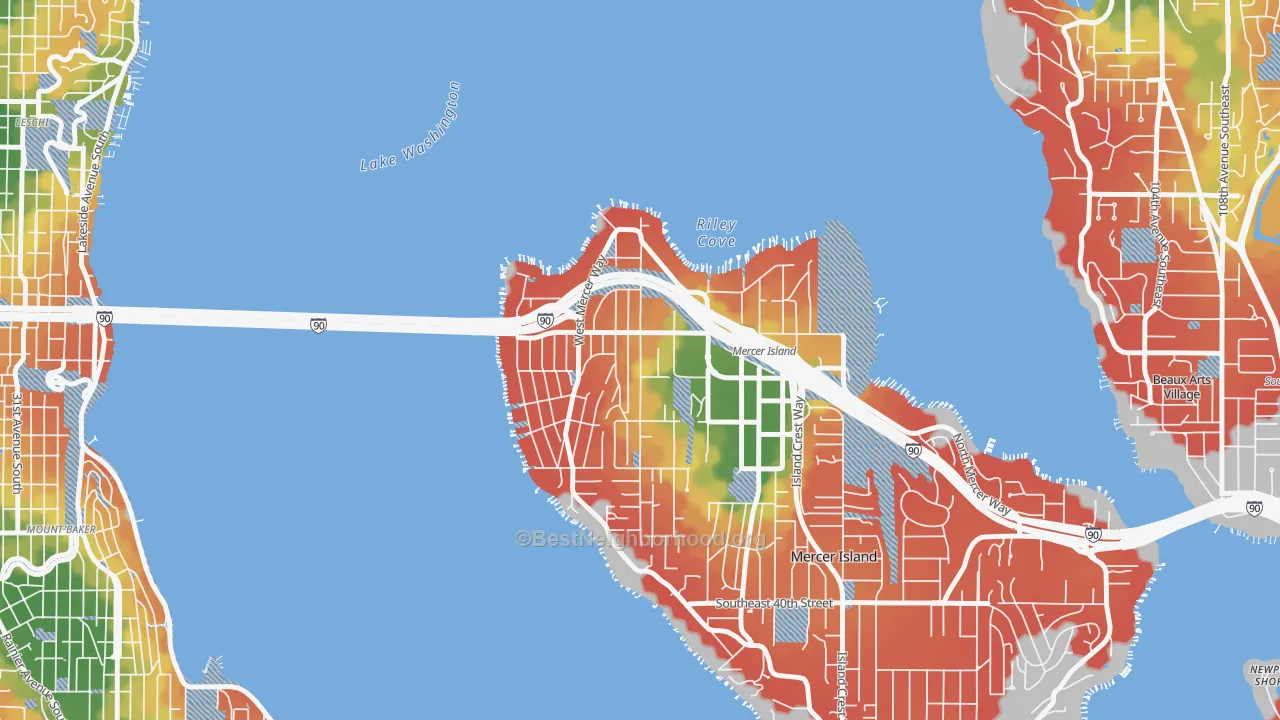Walk Grade map of McGilvra, Mercer Island, WA, walkable areas in green and car-dependent areas in red