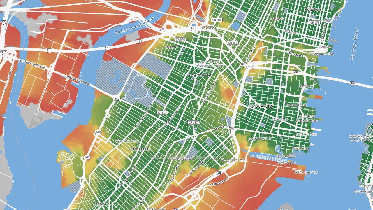 Walk Grade map of McGinley Square, Jersey City, NJ, walkable areas in green and car-dependent areas in red