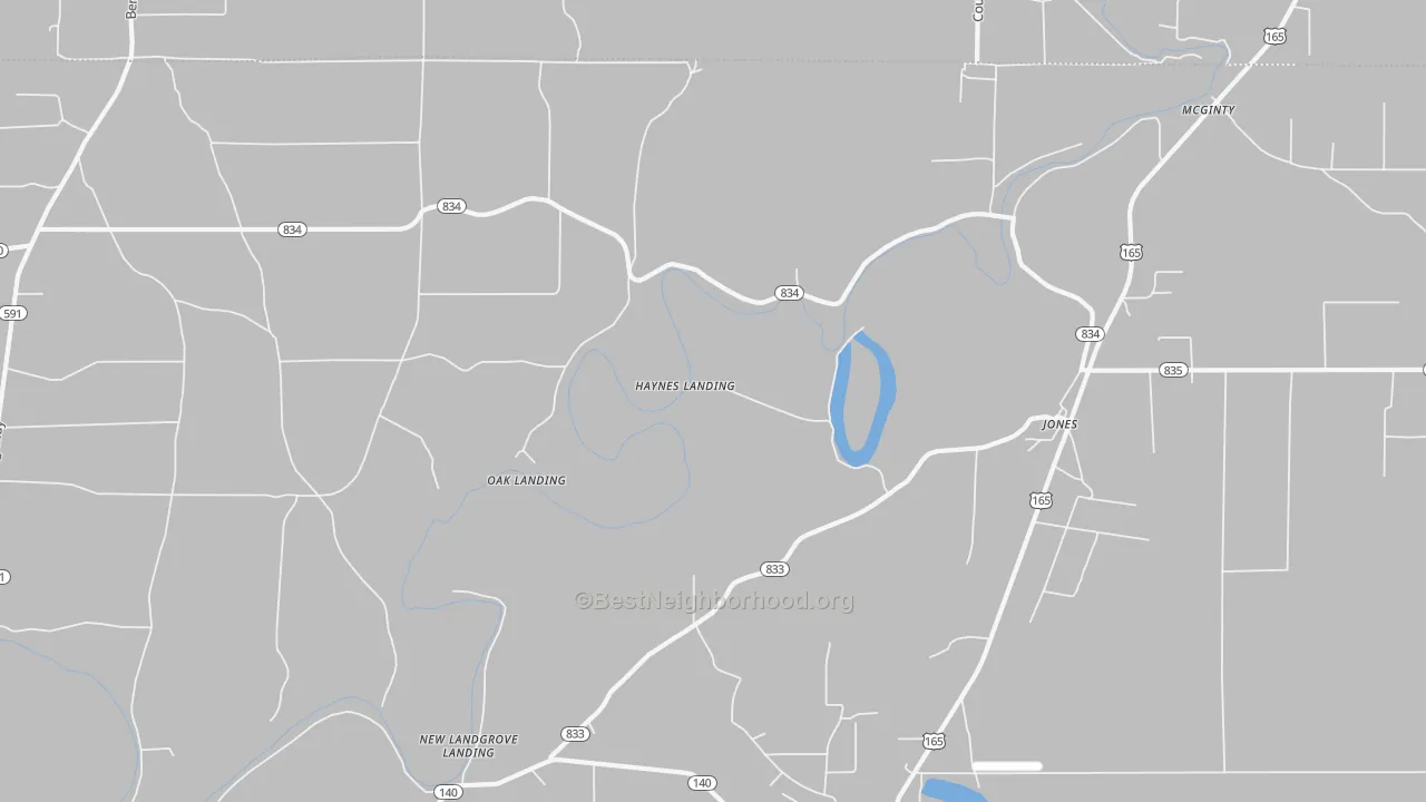 Walk Grade map of McGinty, LA, walkable areas in green and car-dependent areas in red