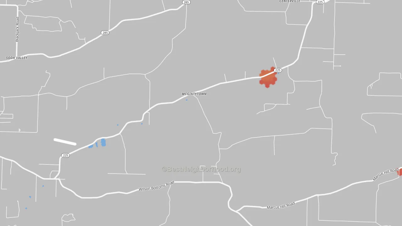Walk Grade map of McGintytown, AR, walkable areas in green and car-dependent areas in red