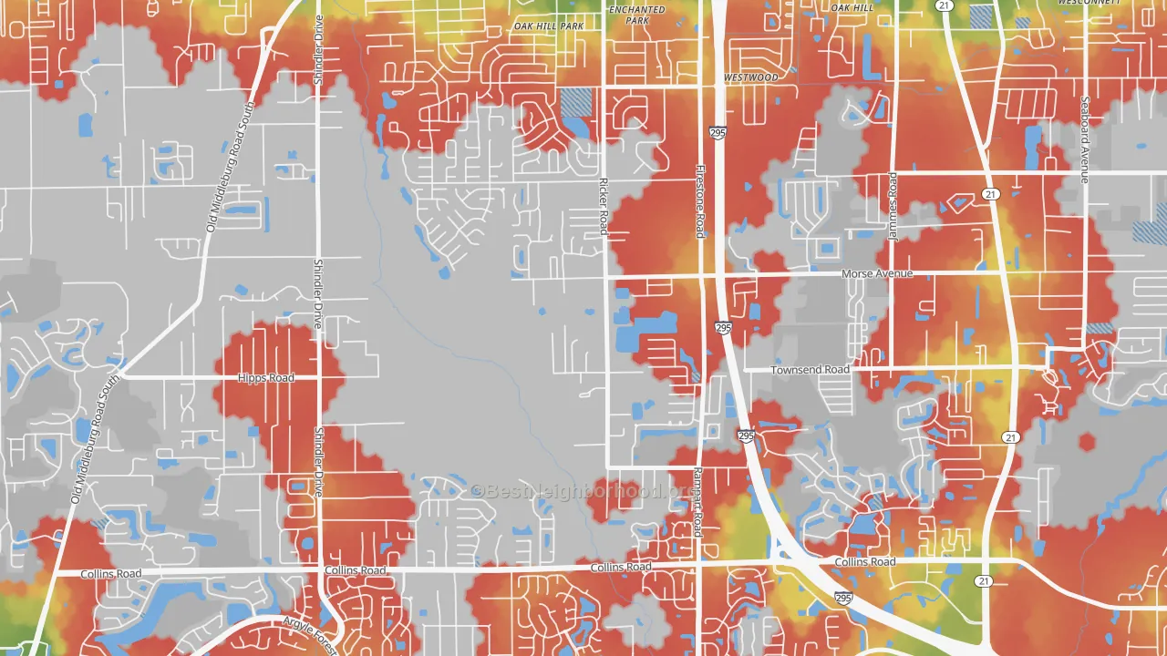 Walk Grade map of McGirts Creek, Jacksonville, FL, walkable areas in green and car-dependent areas in red