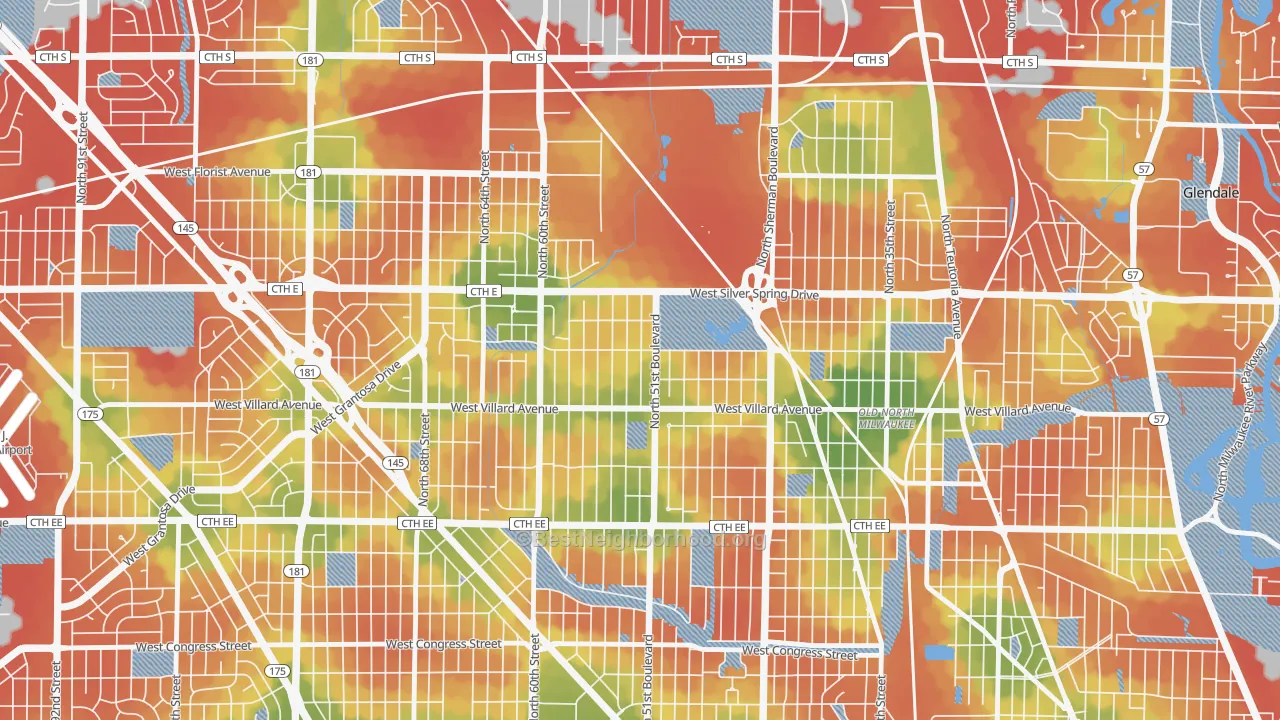 Walk Grade map of McGovern Park, Milwaukee, WI, walkable areas in green and car-dependent areas in red