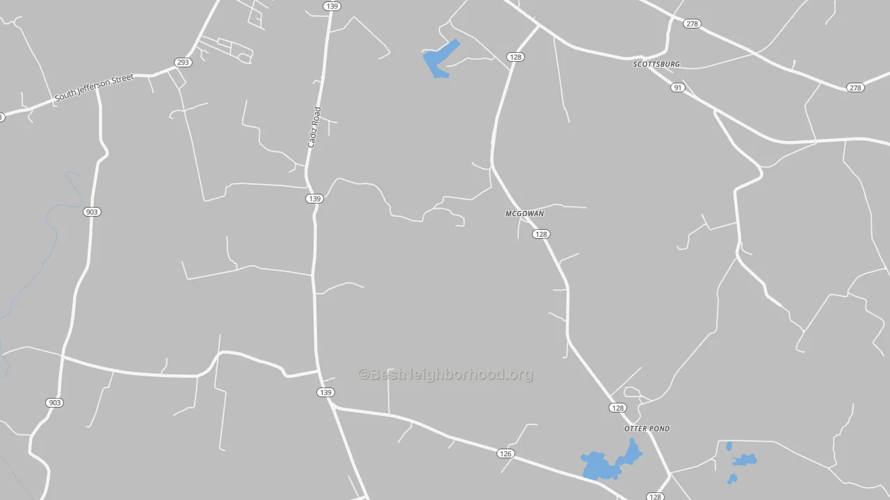 Walk Grade map of McGowan, KY, walkable areas in green and car-dependent areas in red