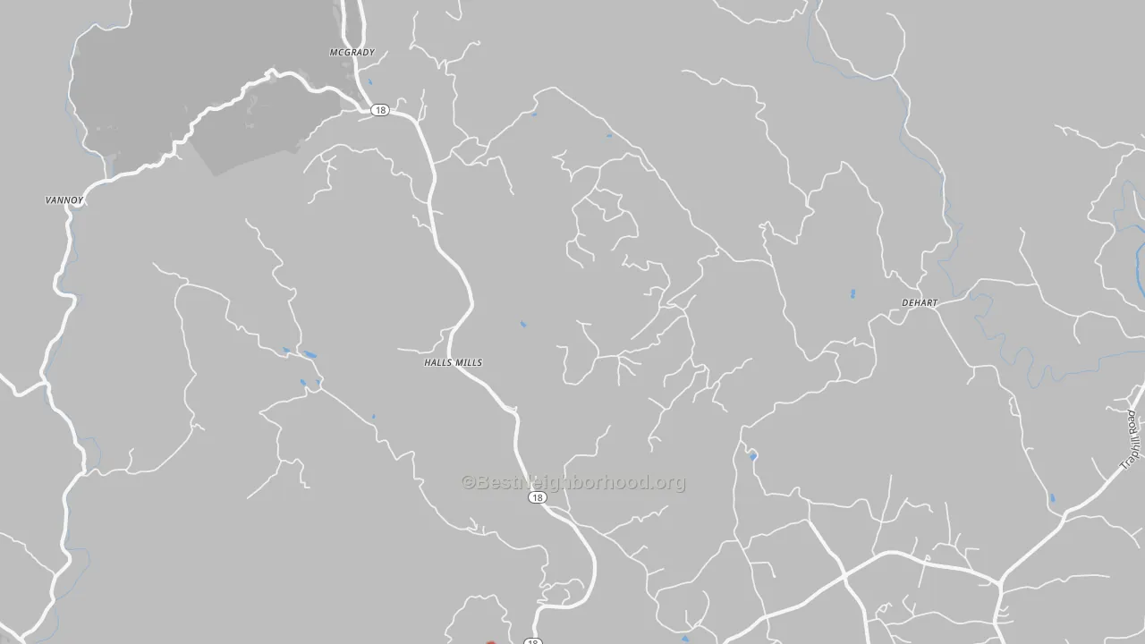 Walk Grade map of McGrady, NC, walkable areas in green and car-dependent areas in red