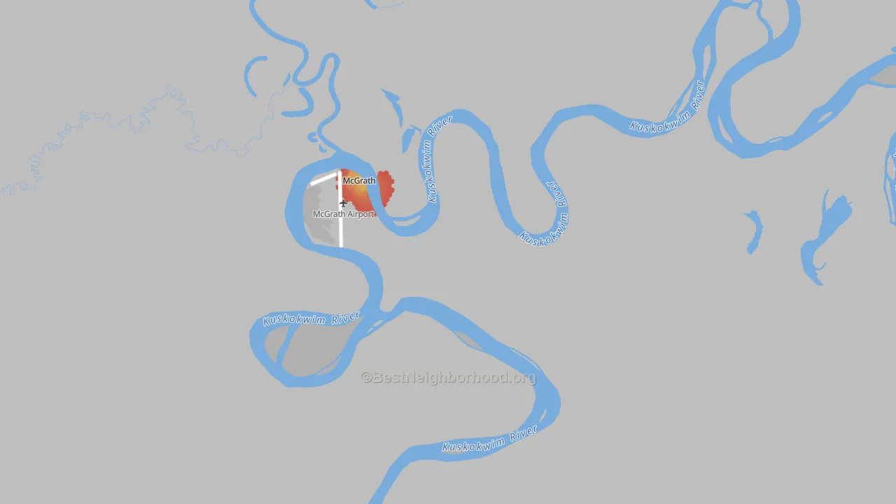 Walk Grade map of McGrath, AK, walkable areas in green and car-dependent areas in red