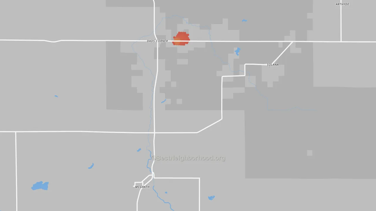 Walk Grade map of McGrath, MN, walkable areas in green and car-dependent areas in red