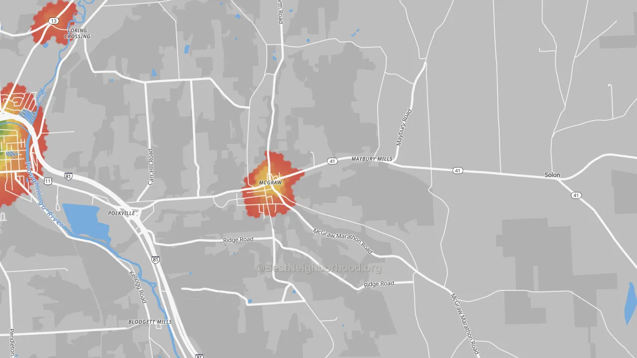 Walk Grade map of McGraw, NY, walkable areas in green and car-dependent areas in red