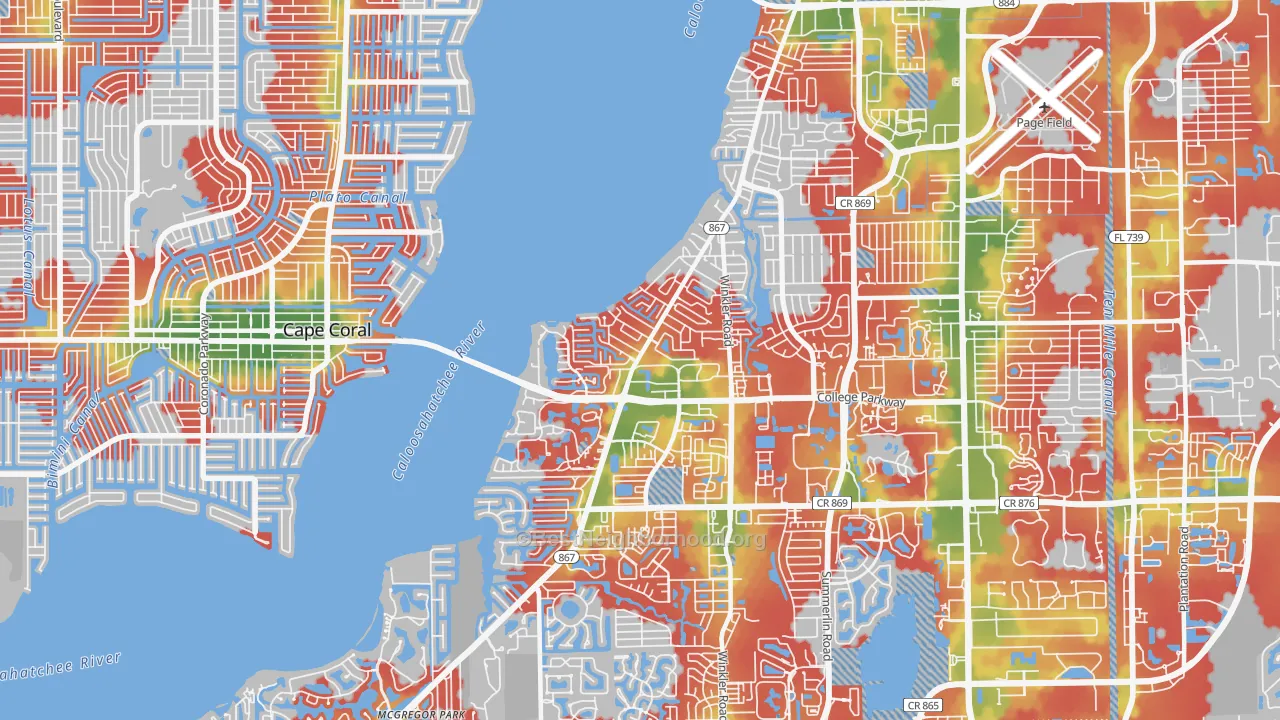 Walk Grade map of McGregor, FL, walkable areas in green and car-dependent areas in red