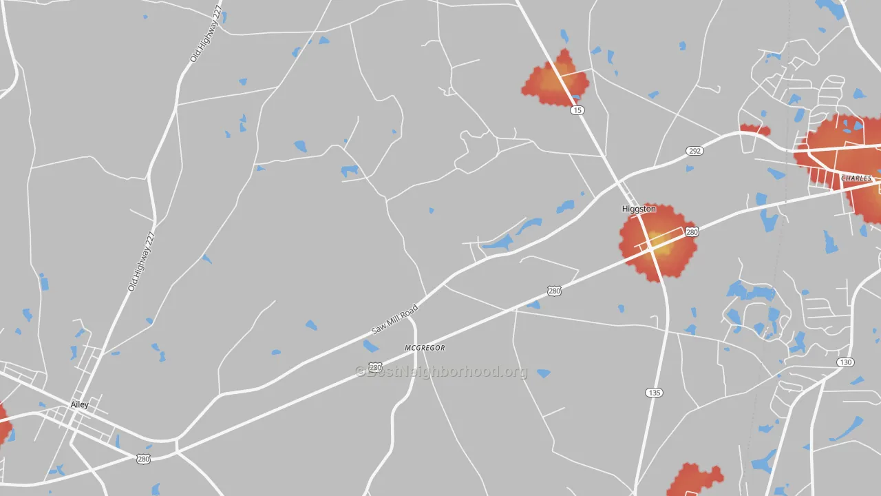 Walk Grade map of McGregor, GA, walkable areas in green and car-dependent areas in red