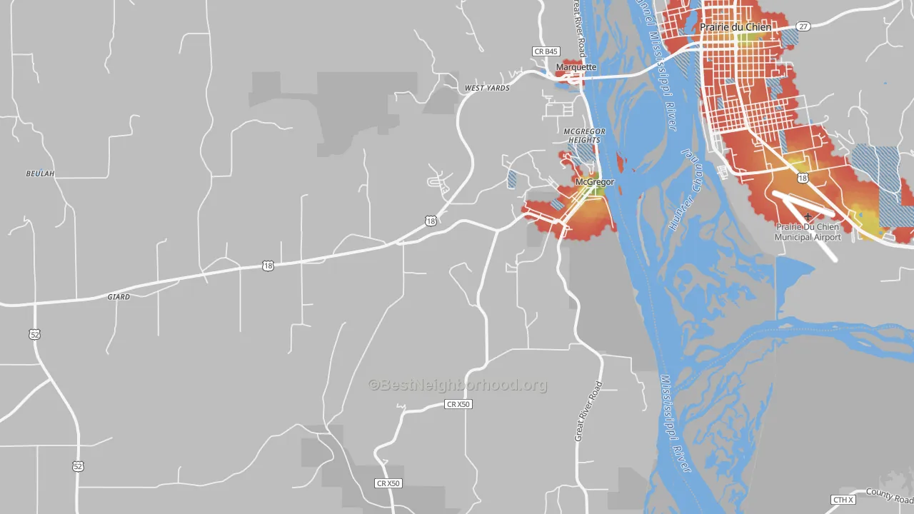 Walk Grade map of McGregor, IA, walkable areas in green and car-dependent areas in red