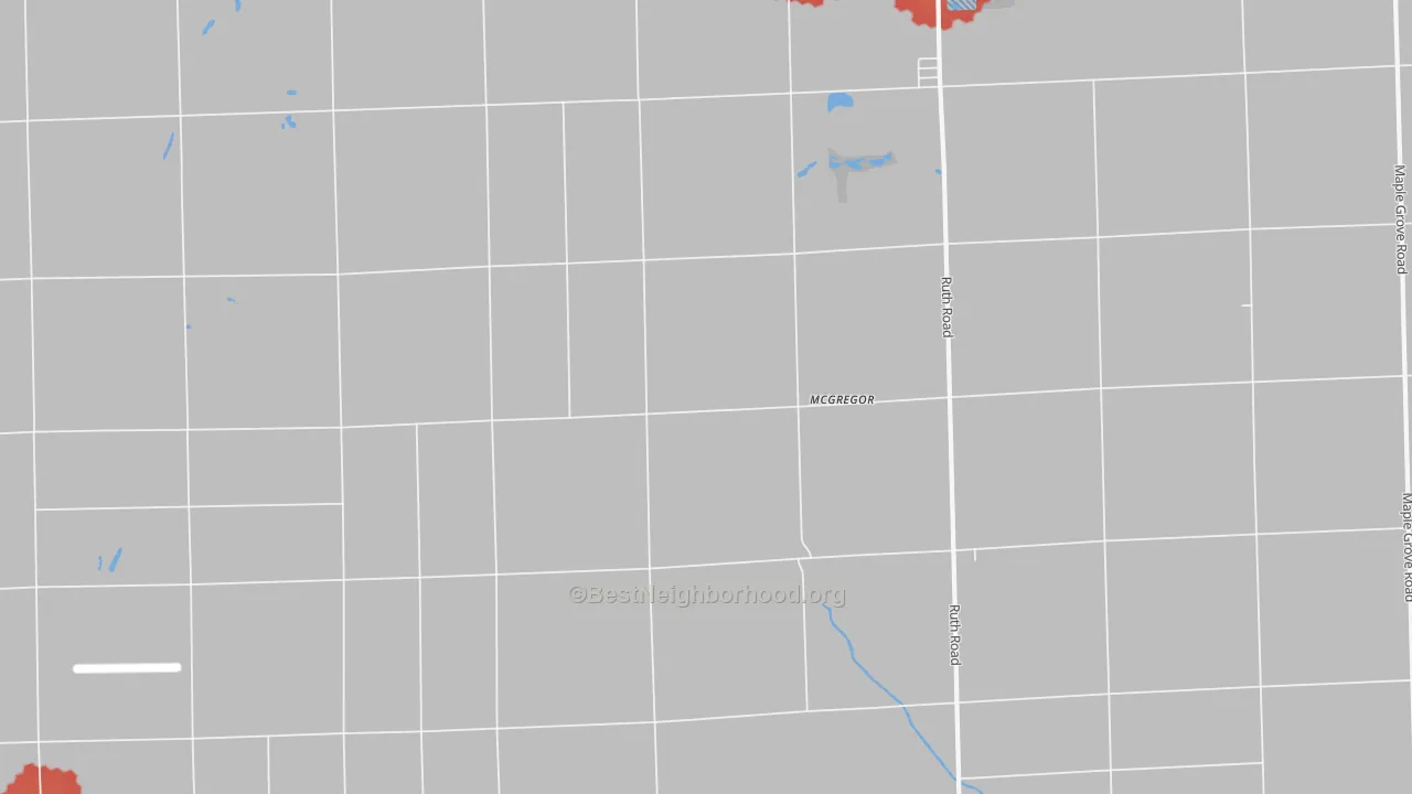 Walk Grade map of McGregor, MI, walkable areas in green and car-dependent areas in red
