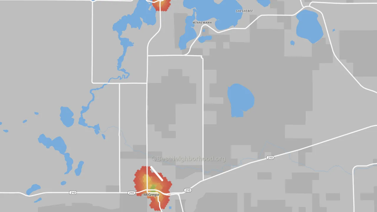 Walk Grade map of McGregor, MN, walkable areas in green and car-dependent areas in red
