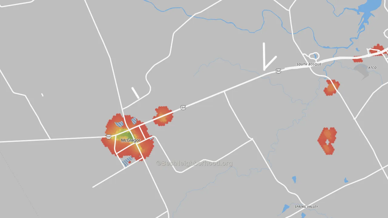 Walk Grade map of McGregor, TX, walkable areas in green and car-dependent areas in red