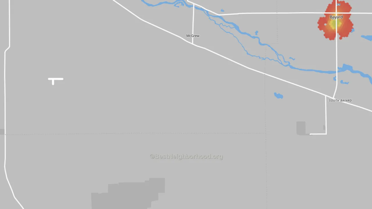 Walk Grade map of Mcgrew, NE, walkable areas in green and car-dependent areas in red