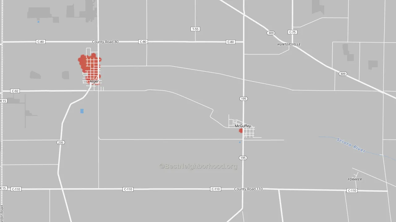 Walk Grade map of McGuffey, OH, walkable areas in green and car-dependent areas in red