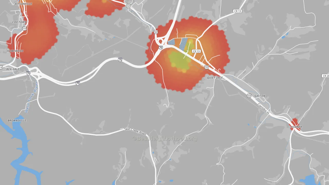 Walk Grade map of McGuire Park, WV, walkable areas in green and car-dependent areas in red