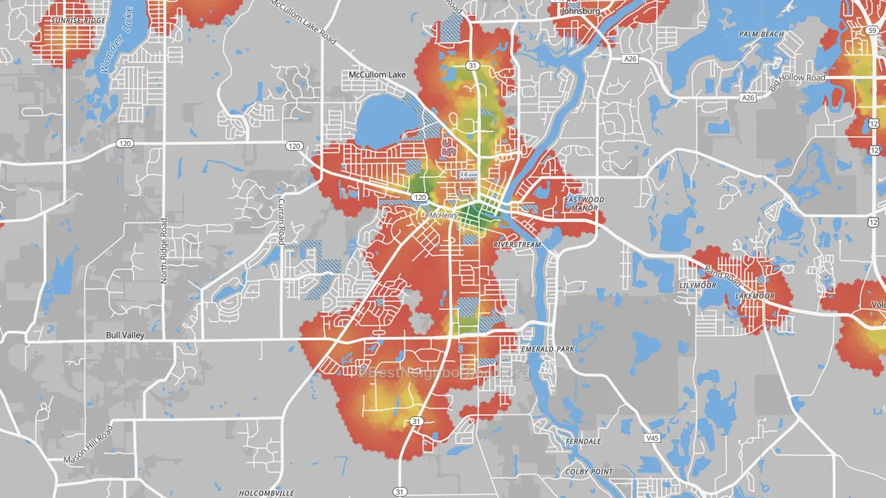Walk Grade map of Mchenry, IL, walkable areas in green and car-dependent areas in red