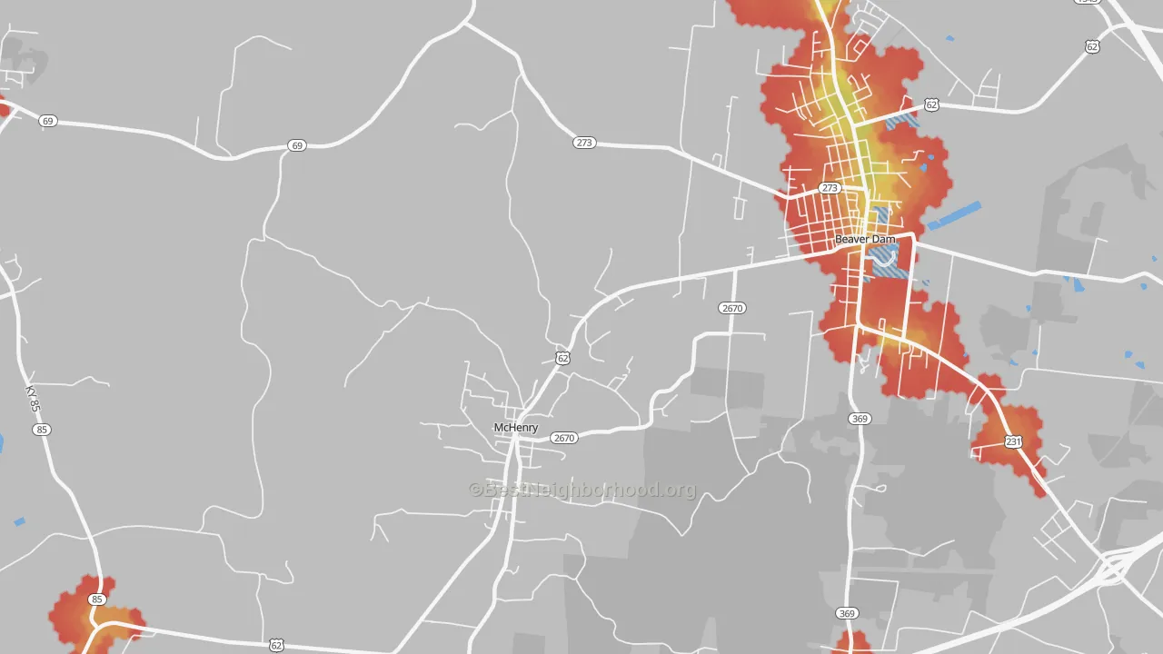 Walk Grade map of McHenry, KY, walkable areas in green and car-dependent areas in red