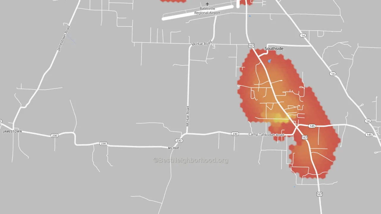 Walk Grade map of McHue, AR, walkable areas in green and car-dependent areas in red
