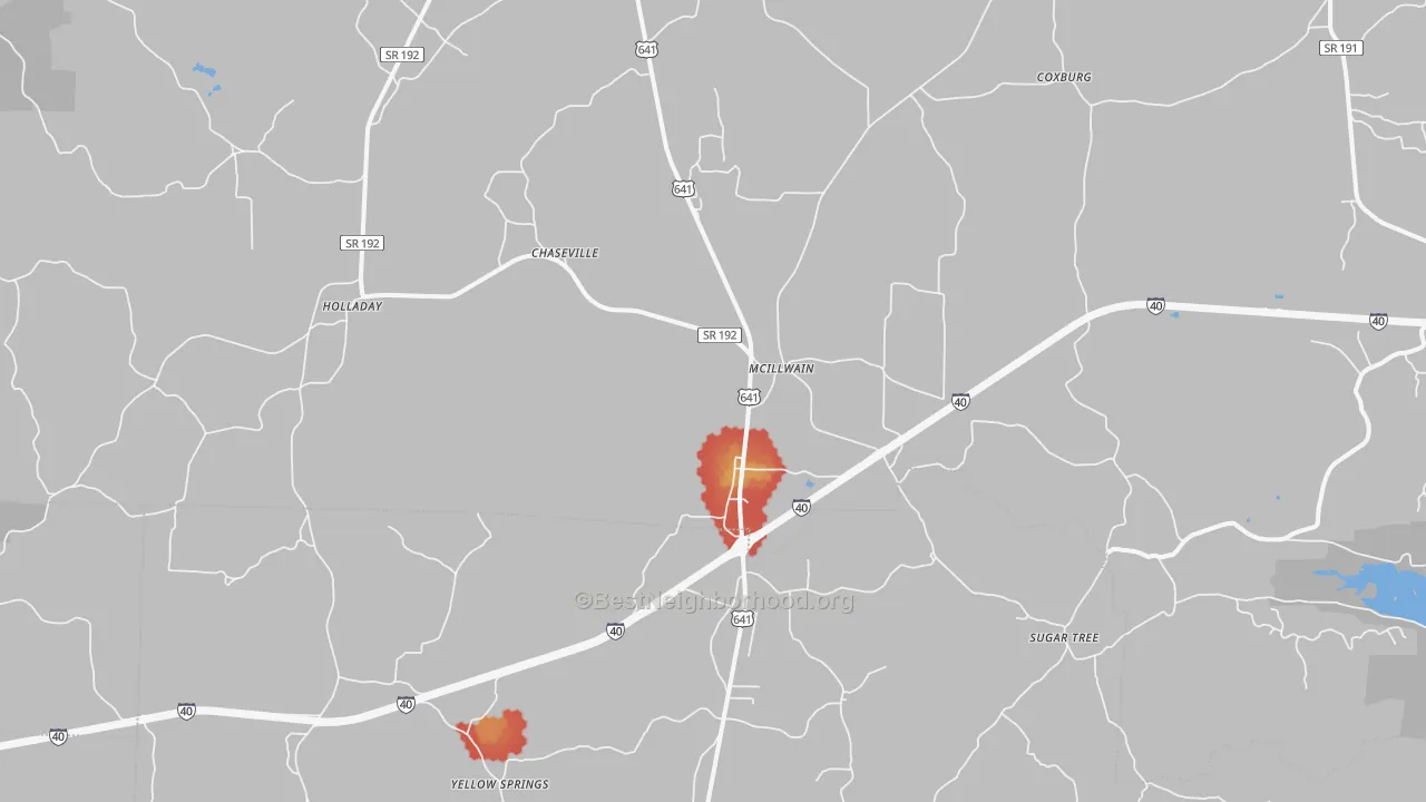 Walk Grade map of McIllwain, TN, walkable areas in green and car-dependent areas in red
