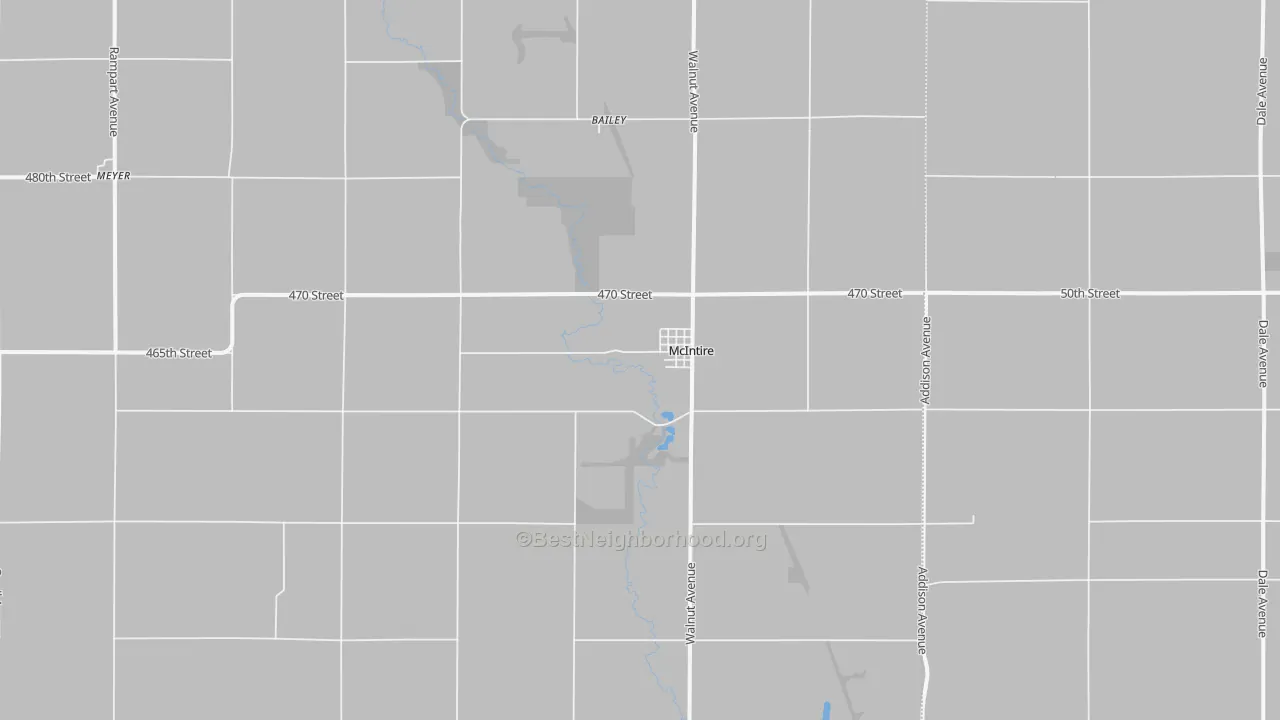 Walk Grade map of McIntire, IA, walkable areas in green and car-dependent areas in red