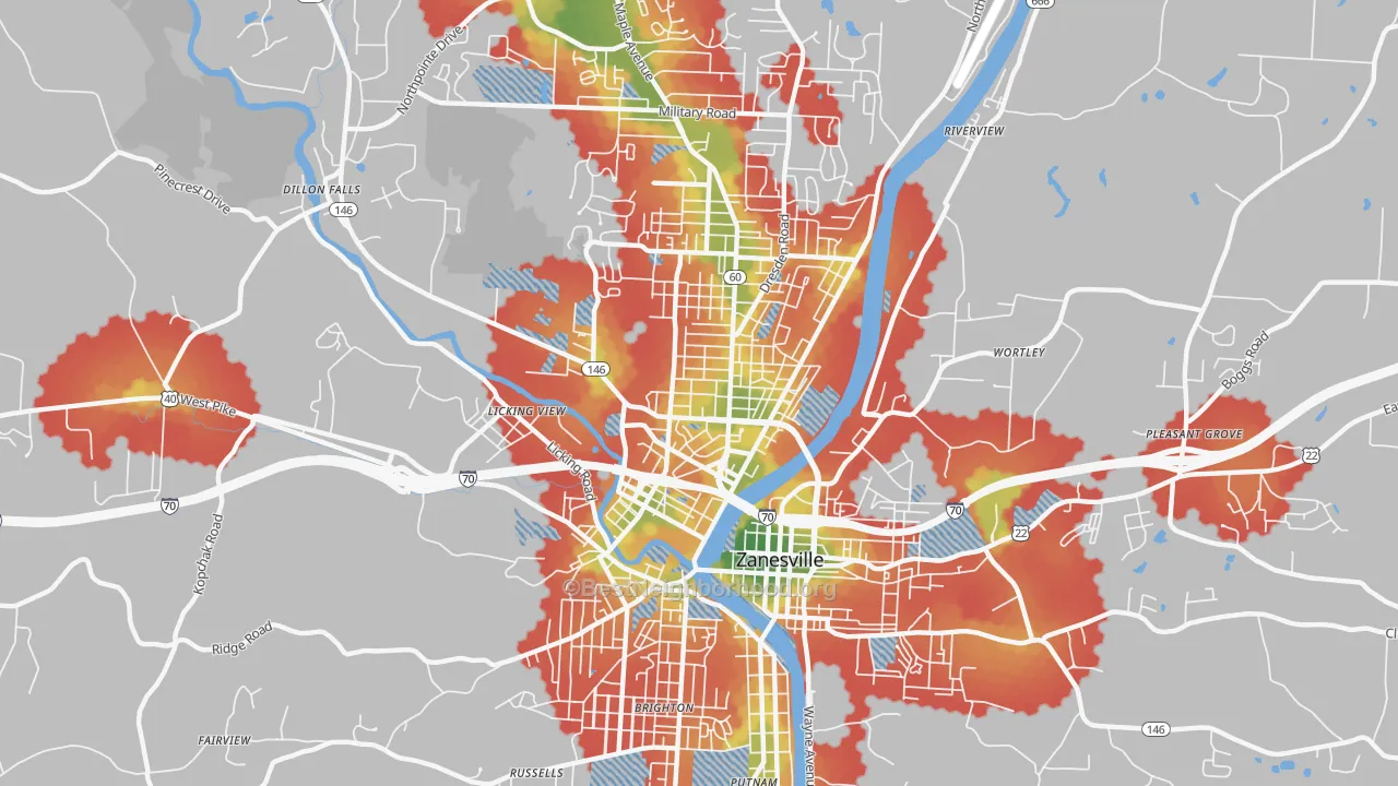 Walk Grade map of McIntire Terrace Historic District, Zanesville, OH, walkable areas in green and car-dependent areas in red